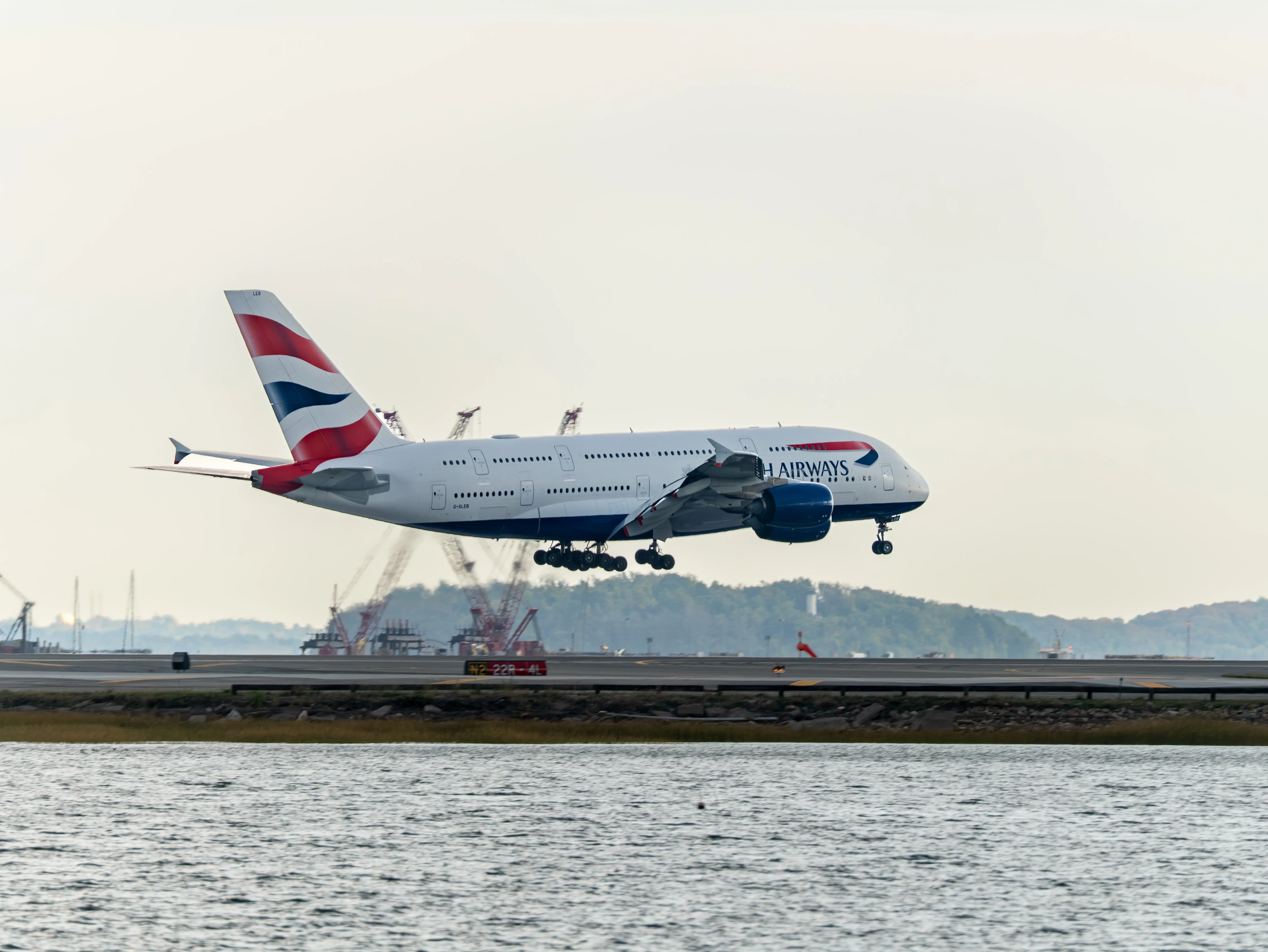British Airways Airbus A380-841 (registration number G-XLEB) making final approach to the runway 22L