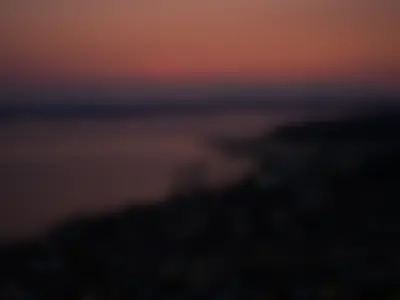 Top view of Seattle, the Ocean and the Olympic Mountains from the Space Needle